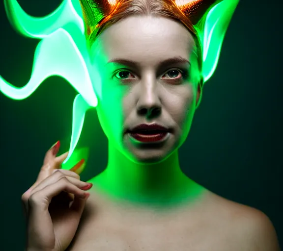 Image similar to portrait of a woman with flaming horns in the wisps of thick smoke, looking into the camera, studio photography, studio lighting, realistic render, octane render, 4 k, 8 k, glowing green eyes, face in focus