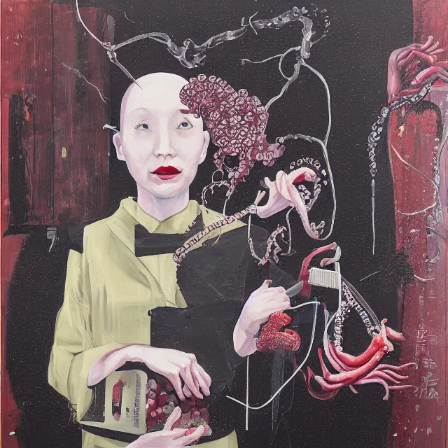 Image similar to a portrait in a dark laneway in tokyo, a woman holding pancakes, berries dripping, scientific instruments, ikebana, octopus, neo - expressionism, surrealism, acrylic and spray paint and oilstick on canvas