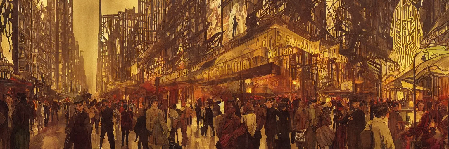 Prompt: Babylon Berlin. Night. Crowded Art deco restaurant. Berlin, late golden 1920s. Gropius. Metropolis. Mist. Highly detailed. Hyper-realistic. Cheerful. Merry mood. Warm colors. Dynamic composition. Matte painting in the style of Eddie Mendoza, Alphonse Mucha