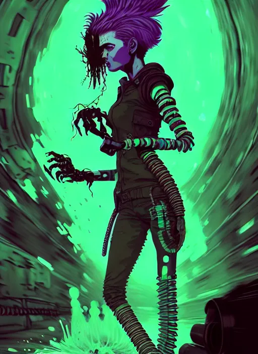 Image similar to highly detailed portrait of an angry wasteland punk long dripping green poison hair tribal lady, stray wiring by atey ghailan, james gilleard, by joe fenton, by greg rutkowski, by greg tocchini, by kaethe butcher, 4 k resolution, gradient purple, brown black and white color scheme!!! ( ( green flaming robotic sewer background ) )