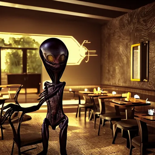 Prompt: spooky alien inside a restaurant, photorealistic ultra high resolution, ultra detailed, ray tracing, octane