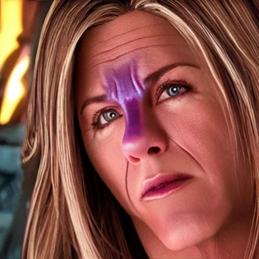 Image similar to Thanos played by Jennifer Aniston, high detail, hyperrealistic, 8k