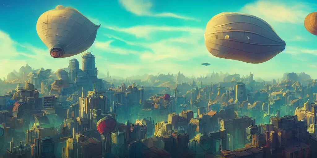 Image similar to the city in the of piltover, in the style from netflix's arcane, blimps in the sky, blue skies, soft clouds, trending on artstation