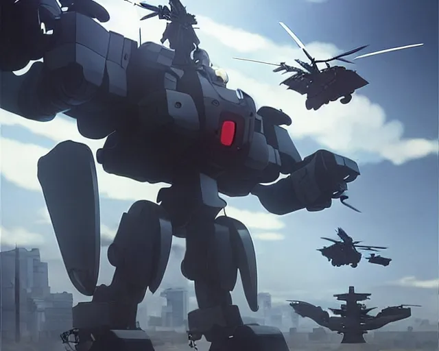 Image similar to Beautiful Epic scene of a beautiful gigantic Patlabor style mech being air lifted by futuristic helicopters above a futuristic Tokyo style military city, extreme detail, by Greg Rutkowski and Krenz Cushart and Pan_Ren_Wei and Hongkun_st and Bo Chen and Enze Fu and WLOP and Alex Chow, Madhouse Inc., anime style, crepuscular rays, set in rainy futuristic cyberpunk Tokyo street, dapped light, dark fantasy, cgsociety, trending on artstation