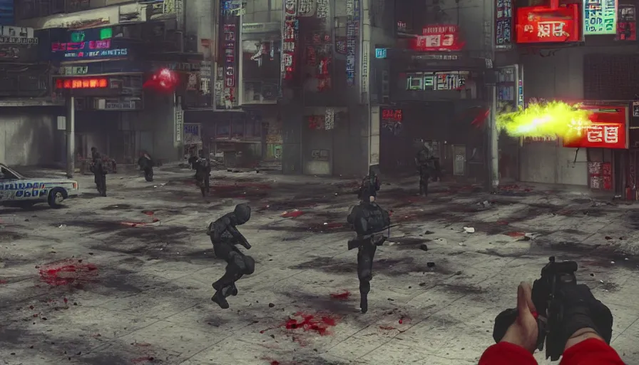 Image similar to 1994 Video Game Screenshot, Anime Neo-tokyo Cyborg bank robbers vs police, Set in Cyberpunk Bank Lobby, Multiplayer set-piece :9, Police officers under heavy fire, Police Calling for back up, Bullet Holes and Blood Splatter, :6 Smoke Grenades, Riot Shields, Large Caliber Sniper Fire, Chaos, Anime Cyberpunk, Anime Bullet VFX, Machine Gun Fire, Violent Gun Action, Shootout, Escape From Tarkov, Intruder, Payday 2, 8k :4 by Katsuhiro Otomo: 9