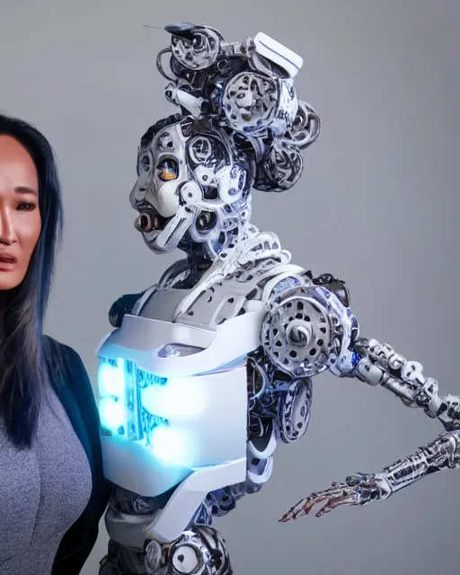 Image similar to blissful tia carrere with solarpunk mecha humanoid robotic parts with bright led lights, real human face, pudica pose gesture, by michelangelo, in white room, ultra - realistic and intricate, portrait shot 8 k