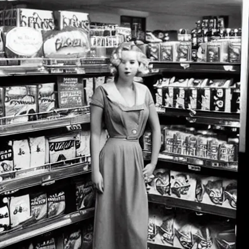 Image similar to jennifer lawrence in a grocery store in the 1950's, high quality, hyper realistic,