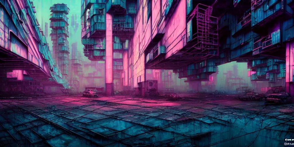 Image similar to concept art, octane render, a brooding, decrepit dystopian city, reflections, volumetric neon lighting, dramatic, cyan magenta white neon glow, 8 k, ultra - hd, insanely detailed and intricate, hypermaximalist, brutalist habitat 6 7, elegant, ornate, by gerald brom, by syd mead, akihiko yoshida, doug chiang, cinematic