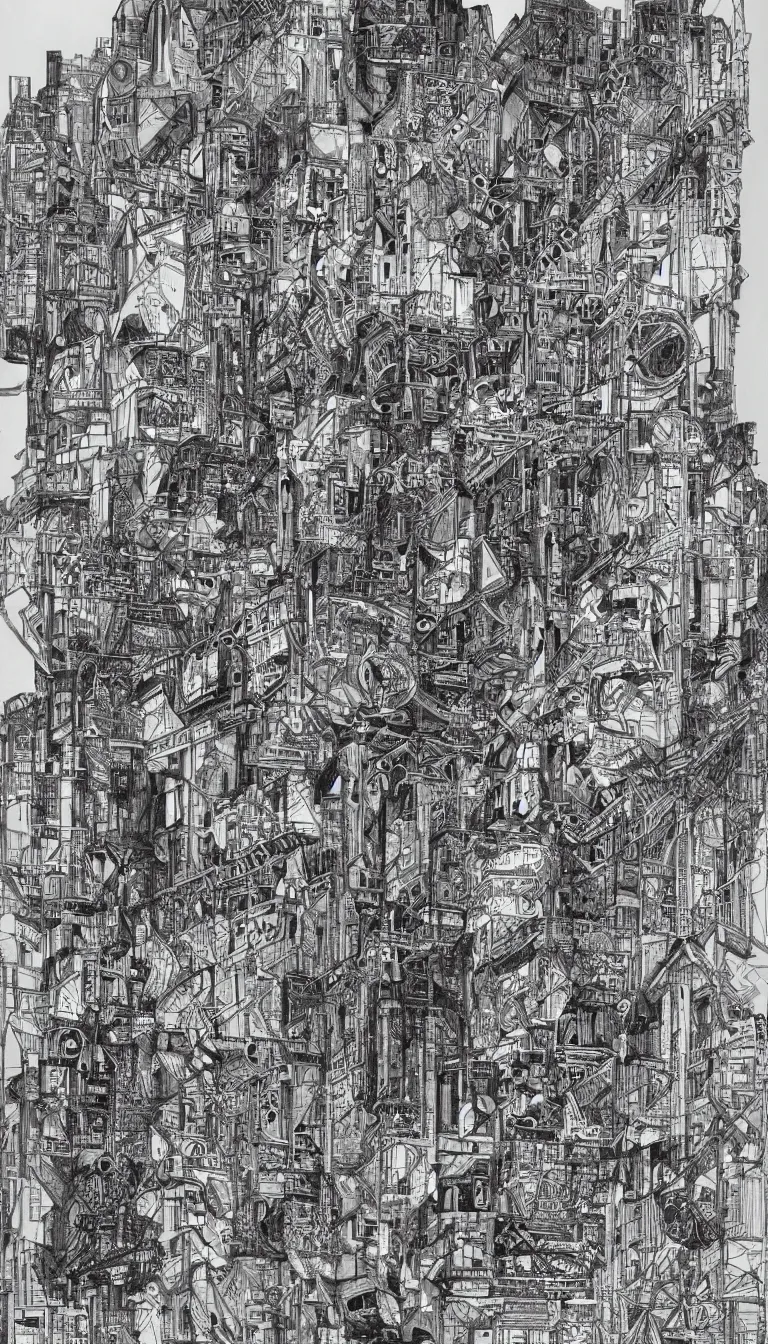 Image similar to a black and white drawing of a building, a detailed mixed media collage by hiroki tsukuda and eduardo paolozzi, intricate linework, sketchbook drawing, street art, polycount, deconstructivism, matte drawing, academic art, constructivism