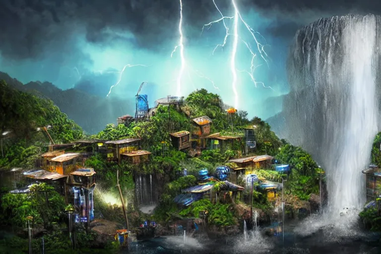 Image similar to mission waterfall favela honeybee hive, sci - fi environment, lightning, industrial factory, award winning art, epic dreamlike fantasy landscape, ultra realistic,