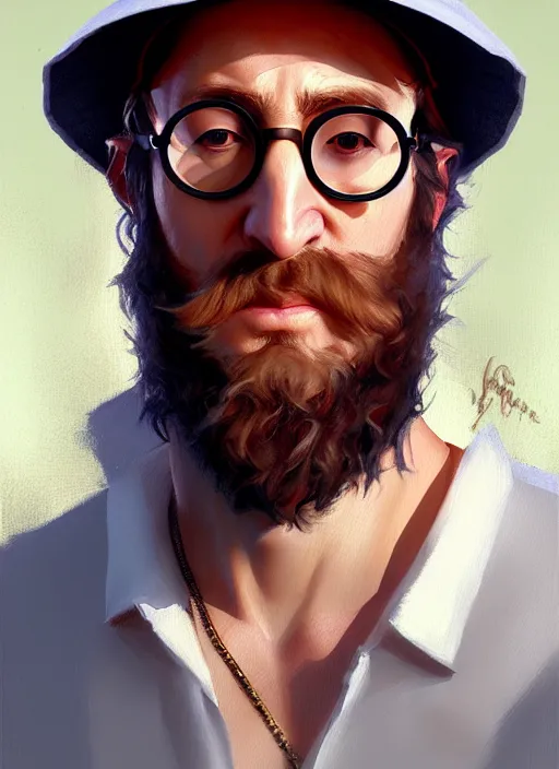 Prompt: a _ fantasy _ style _ portrait _ painting _ of white male with bucket hat and john lennon glasses chubby, rough beard, oil _ painting _ unreal _ 5 _ daz. _ rpg _ portrait _ extremely _ detailed _ artgerm _ greg _ rutkowski _ greg