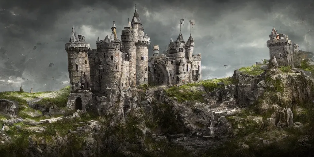 Image similar to a abandoned castle on the edge of a high cliff, 8 k, shallow depth of field, intricate detail, concept art,