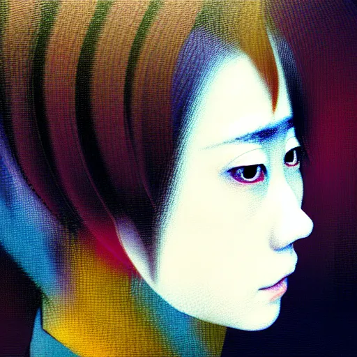 Image similar to yoshitaka amano blurred and dreamy realistic three quarter angle portrait of a young woman with short hair and black eyes wearing office suit with tie, junji ito abstract patterns in the background, satoshi kon anime, noisy film grain effect, highly detailed, renaissance oil painting, weird portrait angle, blurred lost edges