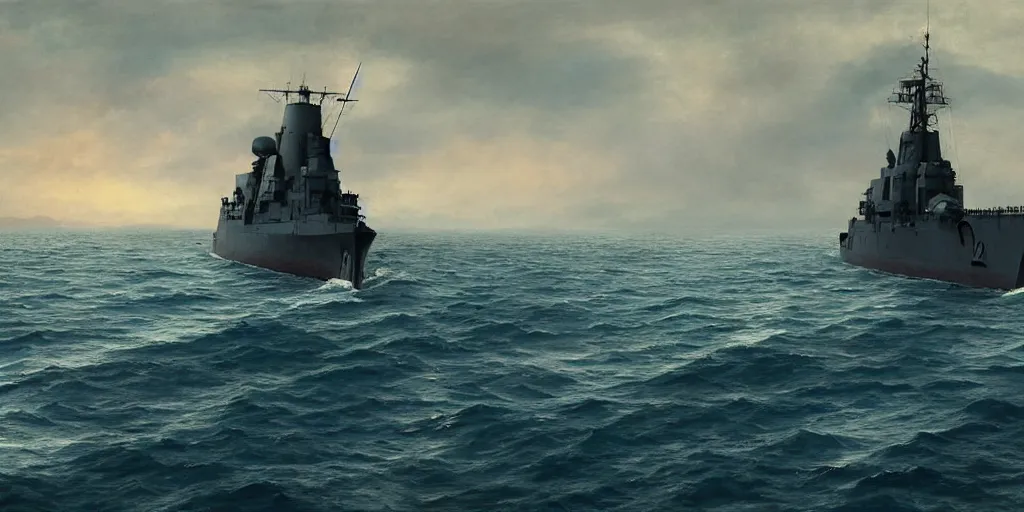 Image similar to Portrait of a WWI destroyer alone at sea, an island visible in the background, highly detailed, cinematic lighting, digital art, painting by aivasovsky