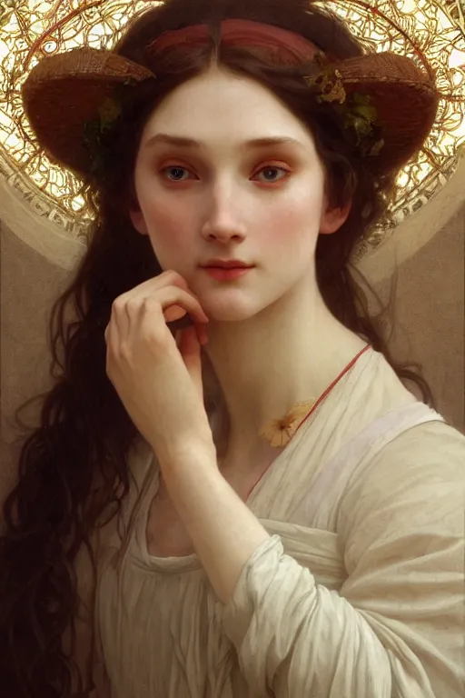 Image similar to Portrait of beautiful pale peasant girl, cinematic lighting, intricate, elegant, highly detailed, digital painting, artstation, smooth, sharp focus, illustration, art by artgerm and greg rutkowski and alphonse mucha and Wayne Barlowe and william-adolphe bouguereau