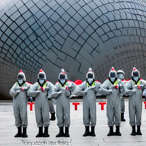 Image similar to chinese soldiers in hazmat suits with grey skies carrying machine guns, cloud gate chicago