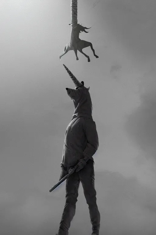 Image similar to sad Suicidal depressed unicorn man hangs himself from the moon, dramatic lighting, cinematic, establishing shot, extremely high detail, foto realistic, cinematic lighting, post processed, concept art, high details, cinematic, 8k resolution, beautiful detailed, photorealistic, digital painting, artstation, concept art, smooth, sharp focus, artstation trending, octane render, unreal engine