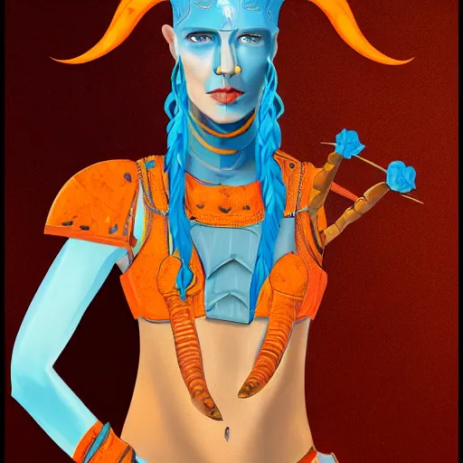 Image similar to illustrated portrait of skinny prominently ram-horned woman with orange skin and blue hair wearing leather armor, hyper detailed, photorealistic