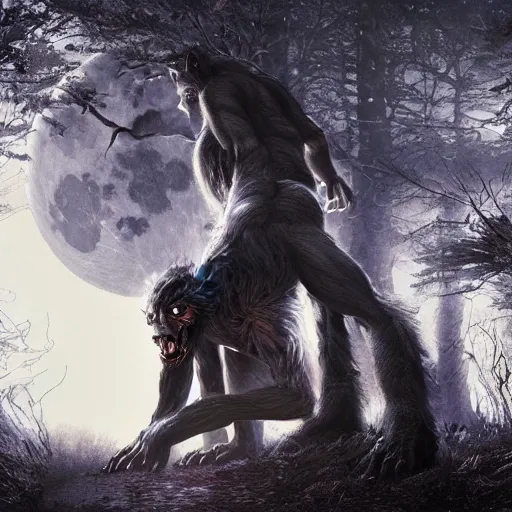 Image similar to man ripping off his skin turning into a werewolf, forest scenery, full moon, illuminated lighting, highly detailed, 4 k