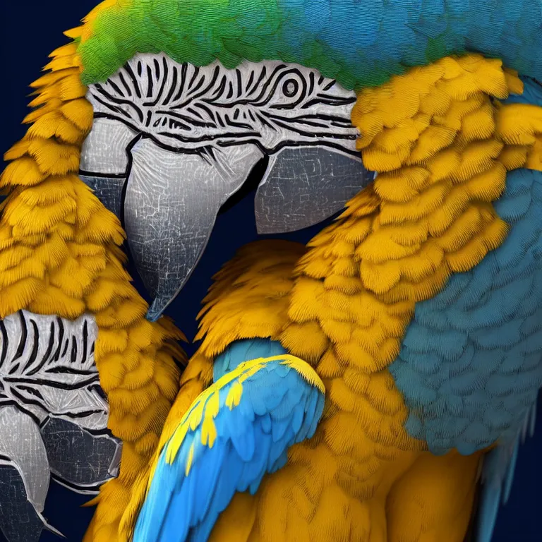 Prompt: octane render portrait by wayne barlow and carlo crivelli and glenn fabry, a single beautiful colorful blue and gold macaw, surrounded by shiny reflective aluminum foil, cinema 4 d, ray traced lighting, very short depth of field, bokeh