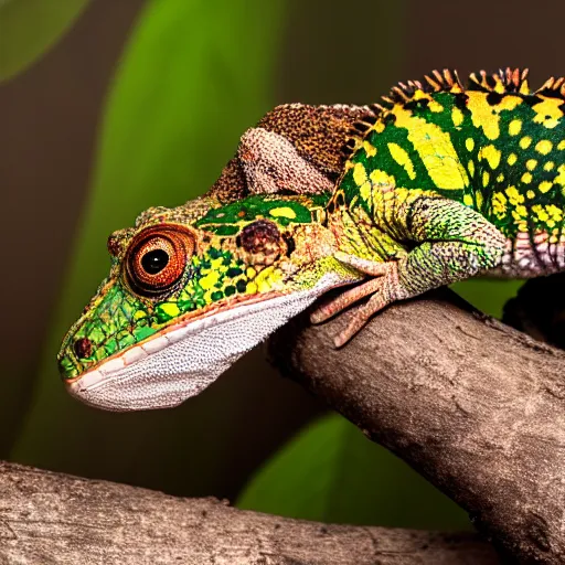 Image similar to An award winning photo of Tokay crocodile chameleon facing the camera, cute, environmental portrait, wildlife photography, National Geographic, 4k