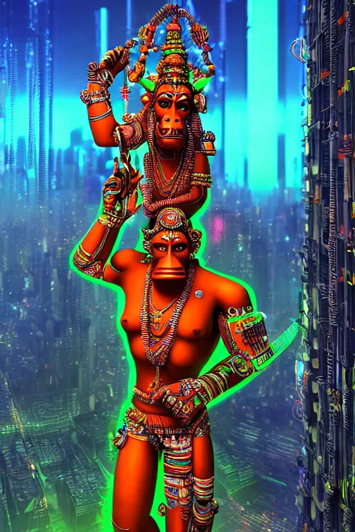 Image similar to high quality 3 d render neon cyborg!! hanuman! madhubani, highly detailed, cyberpunk mumbai in the background, unreal engine cinematic smooth, in the style of solaris, hannah yata charlie immer, moody light, low angle, uhd 8 k, sharp focus