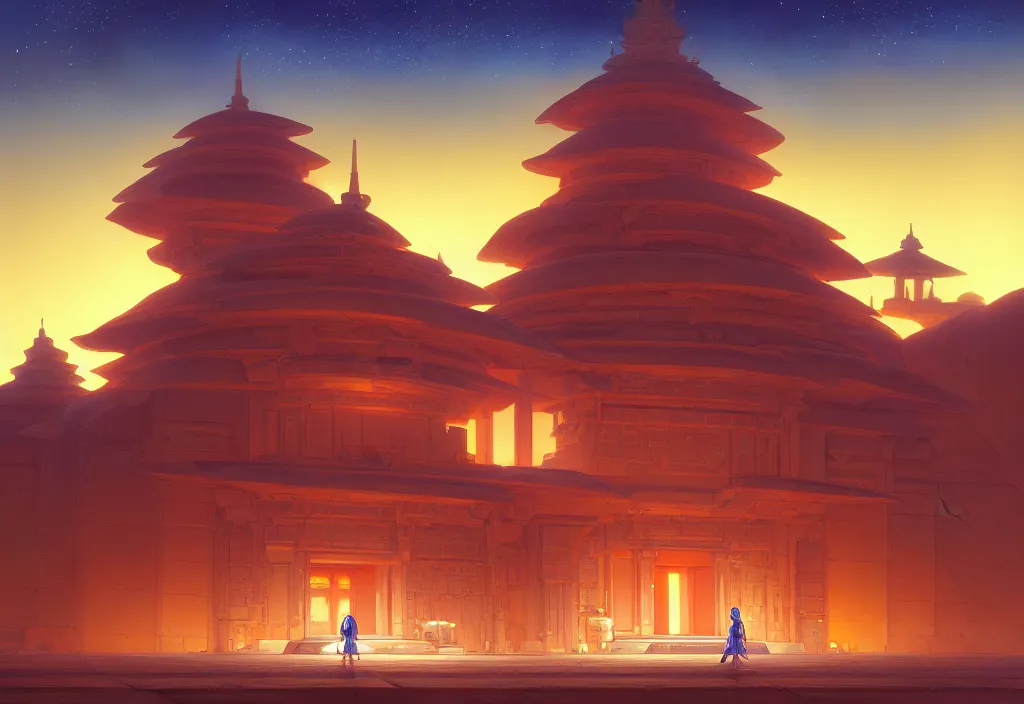 Image similar to a small chubby futuristic temple in the desert at night, intricate oil painting, high detail illustration, sharp high detail, manga and anime 1 9 9 9, official fanart behance hd artstation by jesper ejsing and makoto shinkai, 4 k,