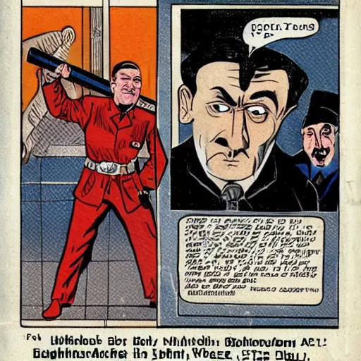 Image similar to comic book of angry jews with lightsabers and adolf hitler accurate eyes high detail