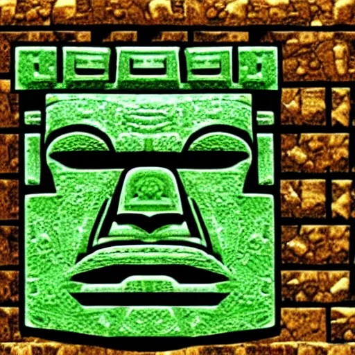 Prompt: imposing olmec head carved into a mossy stone wall with ornate incan patterns, pixelated screenshot from 1990s adventure video game in MS-DOS