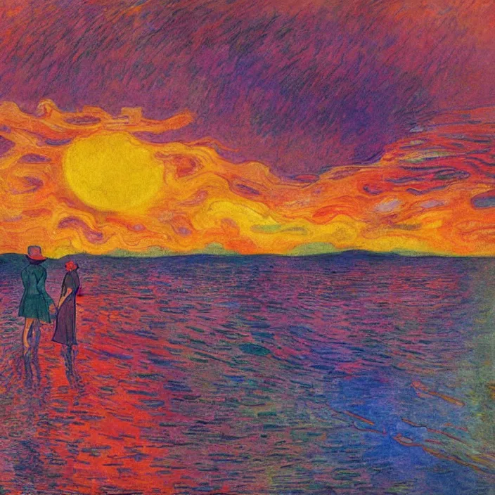 Prompt: lovers in the turbulent river. red sun setting through the storm clouds. iridescent, vivid psychedelic colors. painting by munch, agnes pelton, egon schiele, henri de toulouse - lautrec, utamaro, monet