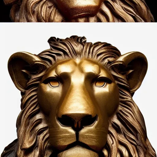 Prompt: Epic Album art cover, frontal portrait of an amazingly beautiful weathered copper lion statue, trending on artstation, award-winning art