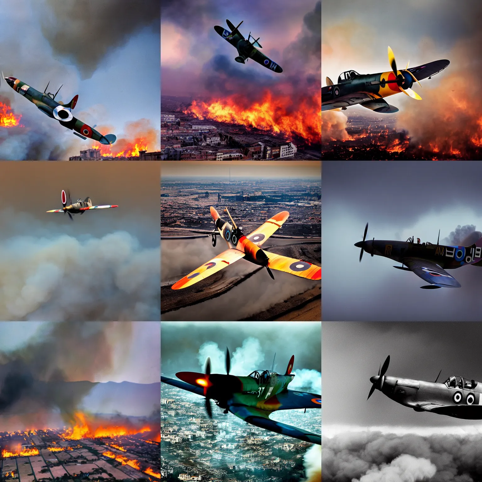 Prompt: landscape photograph of a spitfire, flying over a destroyed smoking burning city, color, reflections, motion blur, atmospheric, award winning photo