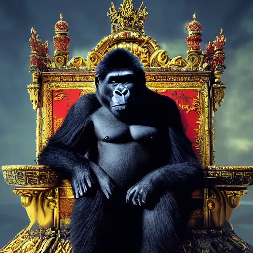 Prompt: A full shot portrait painting of a gorilla king in his royal robe sitting on a throne inside a palace. Unreal Engine 5. DAZ. Octane render. Symmetrical. Attention to detail. Vibrant bright colours. High saturation. Extremely moody lighting. Atmospheric. Cinematic. Intricate. 8K. Stunning. Breathtaking. Awe-inspiring. Award-winning. Concept art. Trending. ArtStation