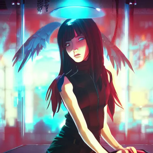 Image similar to anime cyberpunk movie still animatrix, small female android cyborg - angel, glowing red left eye and glowing blue right eye, cinematic lighting, advanced digital cyberpunk art, wlop, rossdraws sakimimichan, ilya kuvshinov, krenz cushart, greg rutkowski - c 1 5