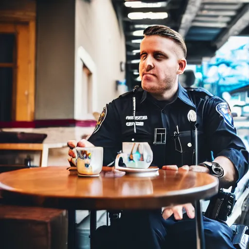 Image similar to a robot police officer drinking tea in a coffee shop sitting down relaxed, professional photography