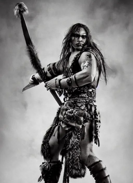 Prompt: frank dillane as a barbarian warrior, legendary warrior, tattoos, piercings, fur and leather armor, beautiful, realistically detailed shading, 8 k, hyper realistic art, photo realism, robin eley, deviantart
