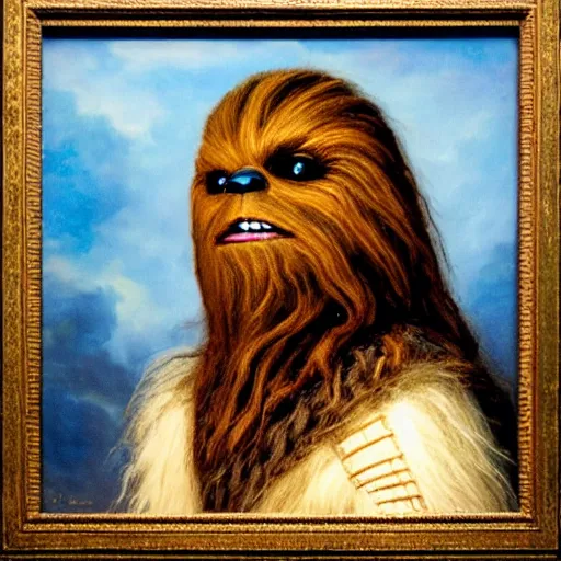 Prompt: a portrait painting of chewbacca from star wars in a renaissance style hanging in the louvre