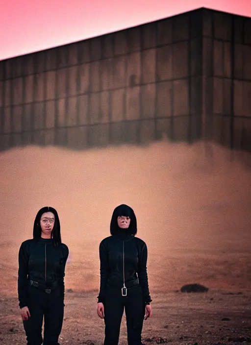 Image similar to cinestill 5 0 d photographic portrait of two loving female androids wearing rugged black techwear on a desolate plain with a red sky, extreme closeup, lizard on ground, cyberpunk style, in front of a brutalist dark metal facility, dust storm, 3 5 mm, f / 3 2, ultra realistic faces, 8 k, hd, high resolution