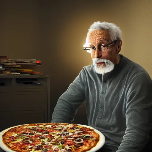 Prompt: of a realistic portrait of an old man, with short beard, very mess hair, sitting in a cough upfront of tv, crashed pop can and empty pizza boxes all over. volumetric light. high resolution. very high details.