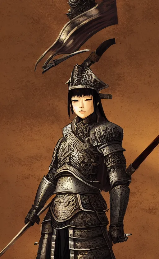 Image similar to portrait of a yari ashigaru, japanese castle in the background, character design, dark souls style, artstation, stunning, shogun era, matte, by professional artist, ilya kuvshinov, realistic human anatomy, realistic armor, realistic lance, low saturation, small eyes