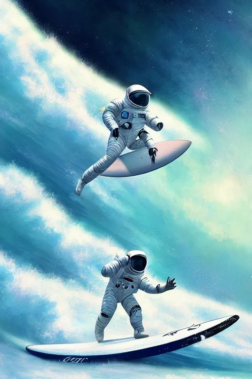 Image similar to a beautiful digital painting of an astronaut in a white space suit surfing the great wave on a surfboard by greg rutkowski, photorealistic, trending on artstation, highly detailed, intricate, unreal engine, octane render