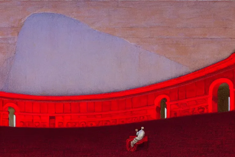 Image similar to only with red, a red great emperor, taormina amphitheatre, crowd with big smile, in the style of beksinski, parts by edward hopper, parts by rodcenko, parts by yue minjun, intricate and epic composition, red by caravaggio, insanely quality, highly detailed, masterpiece, red light, artstation, 4 k