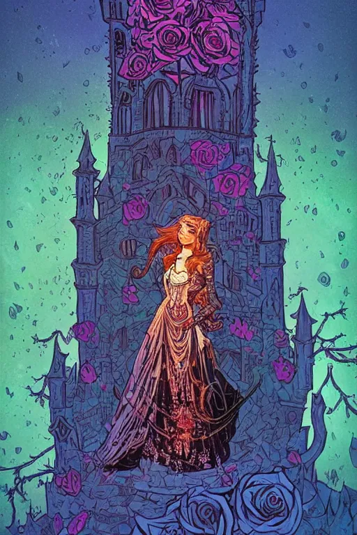 Prompt: Psychedelic black light style, nostalgia of a fairytale, elegant fairytale tower covered in roses, full body portrait of medieval princess, cottagecore, Exquisite, dramatic lighting, by Marc Simonetti, Mike Mignola