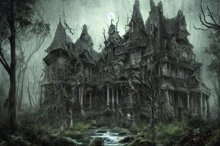 Prompt: haunted mansion next to a ravine and stream and forest, low fantasy, detailed, intricate, elegant, haunting, luxurious, ominous, matte painting, dark fantasy, grimdark