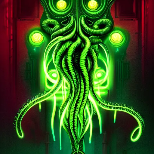 Image similar to poster style, a beautiful and terrifying painting with high details a digital portrait of lovecraftian tech god, green neon cyber cthulhu, cyber noir, movie atmosphere, movie lights, 8 k, light effect, rtx on, trending on artstation, by kilian eng, lee madgwick, bastien lecouffe - deharme