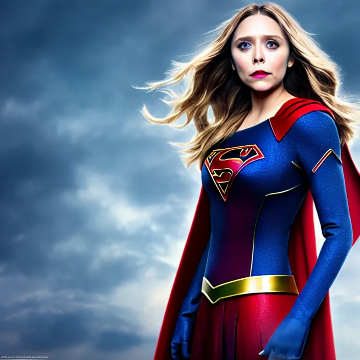 Image similar to professional full length photograph of elizabeth olsen as supergirl. Extremely detailed. 8k