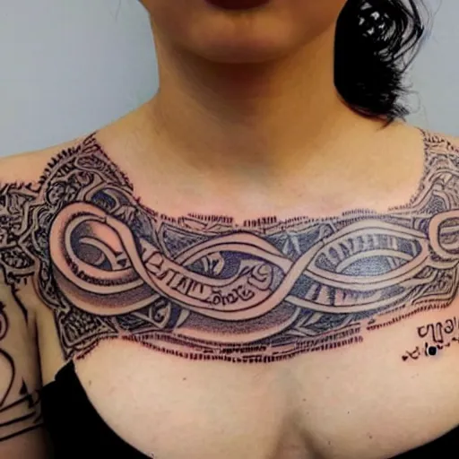 Prompt: a tattoo written in text [ [ [ sanskar ] ] ] on chest of beautiful women by famous tattoo artist black and white 8 k