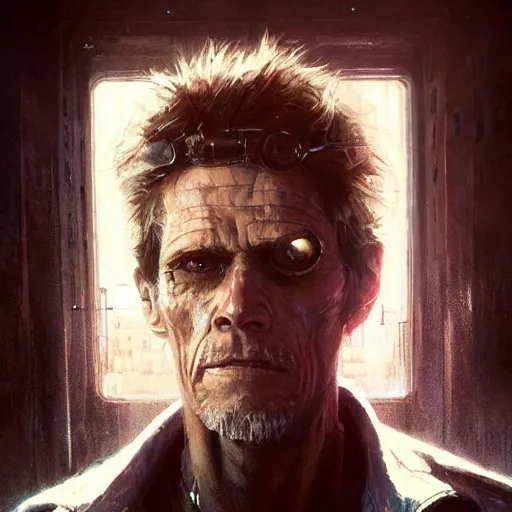 Prompt: closeup portrait of william dafoe, cyberpunk, shaggy ex military guy, city background, dramatic light, gorgeous view, depth, high detail, digital art, painted by greg rutkowski and seb mckinnon, neuromancer, trending on artstation