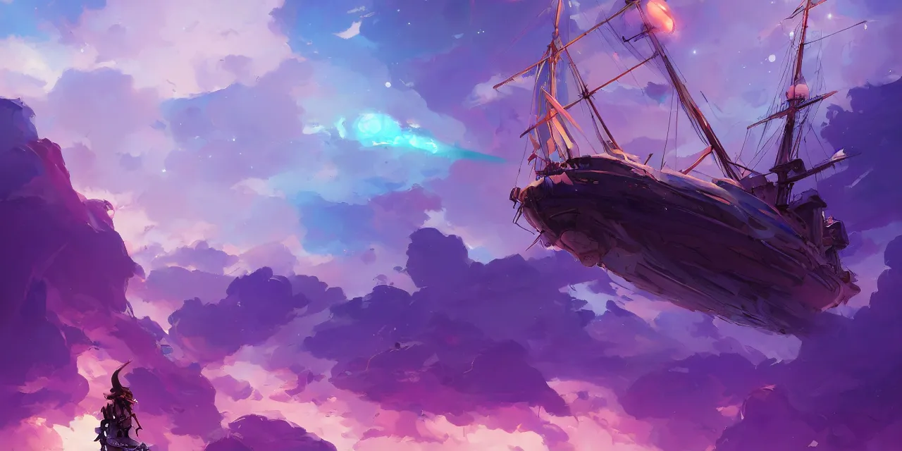 Prompt: purple and blue space background, pirate ship, behance hd artstation, style of jesper ejsing, by rhads, makoto shinkai and lois van baarle, ilya kuvshinov, rossdraws