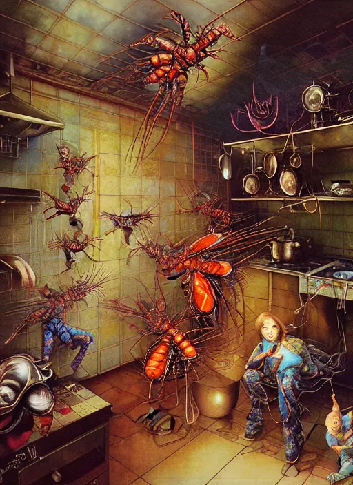 Prompt: realistic detailed image of a cockroaches and a family in an old soviet kitchen by Ayami Kojima, Amano, Karol Bak, Greg Hildebrandt, and Mark Brooks, Neo-Gothic, gothic, rich deep colors. Beksinski painting, part by Adrian Ghenie and Gerhard Richter. art by Takato Yamamoto. masterpiece. realistic detailed image